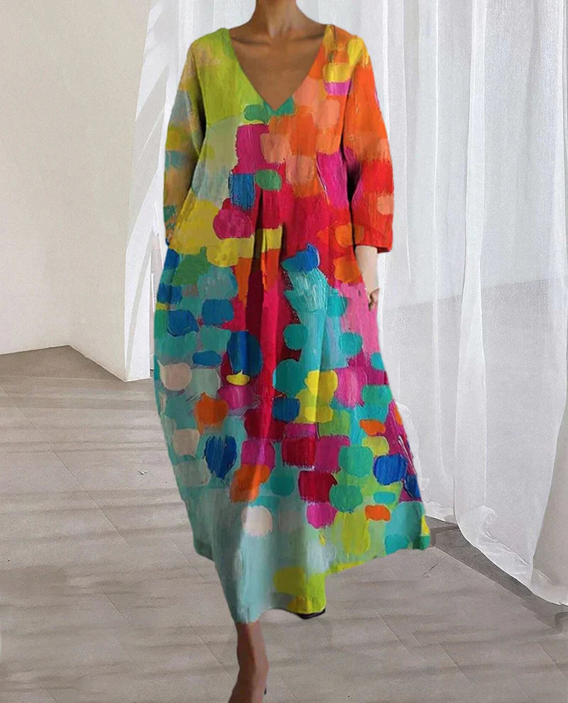 Women's Maxi Dress - Flowing Loose Fit - V-Neck - Three-Quarter Sleeve - Abstract Print
