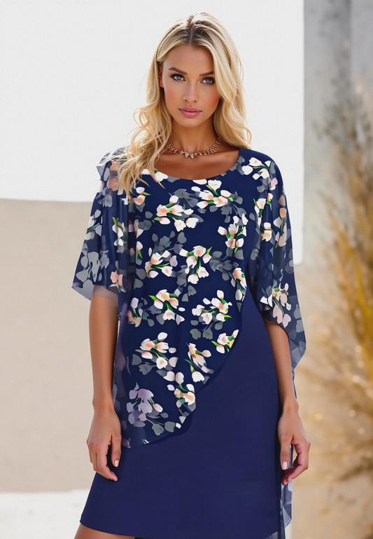 Women’s Midi Dress – Relaxed Fit – Floral Print – Asymmetrical Overlay – Flowy Draped