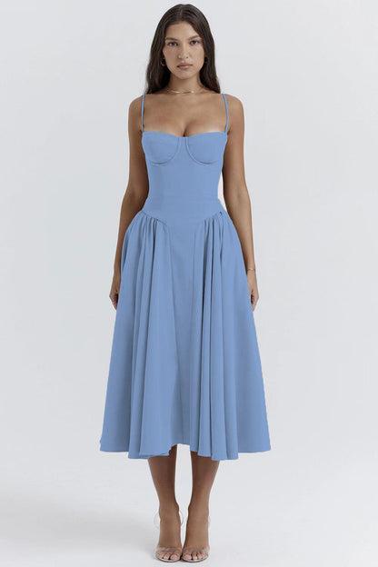 Women's Midi Dress - Sweetheart Neckline - Bustier Bodice - A-Line Flared Skirt