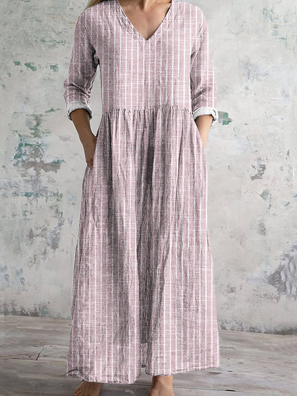 Women’s Maxi Dress – Natural Fibers – Relaxed Fit – V-Neck – Long Sleeve – Striped