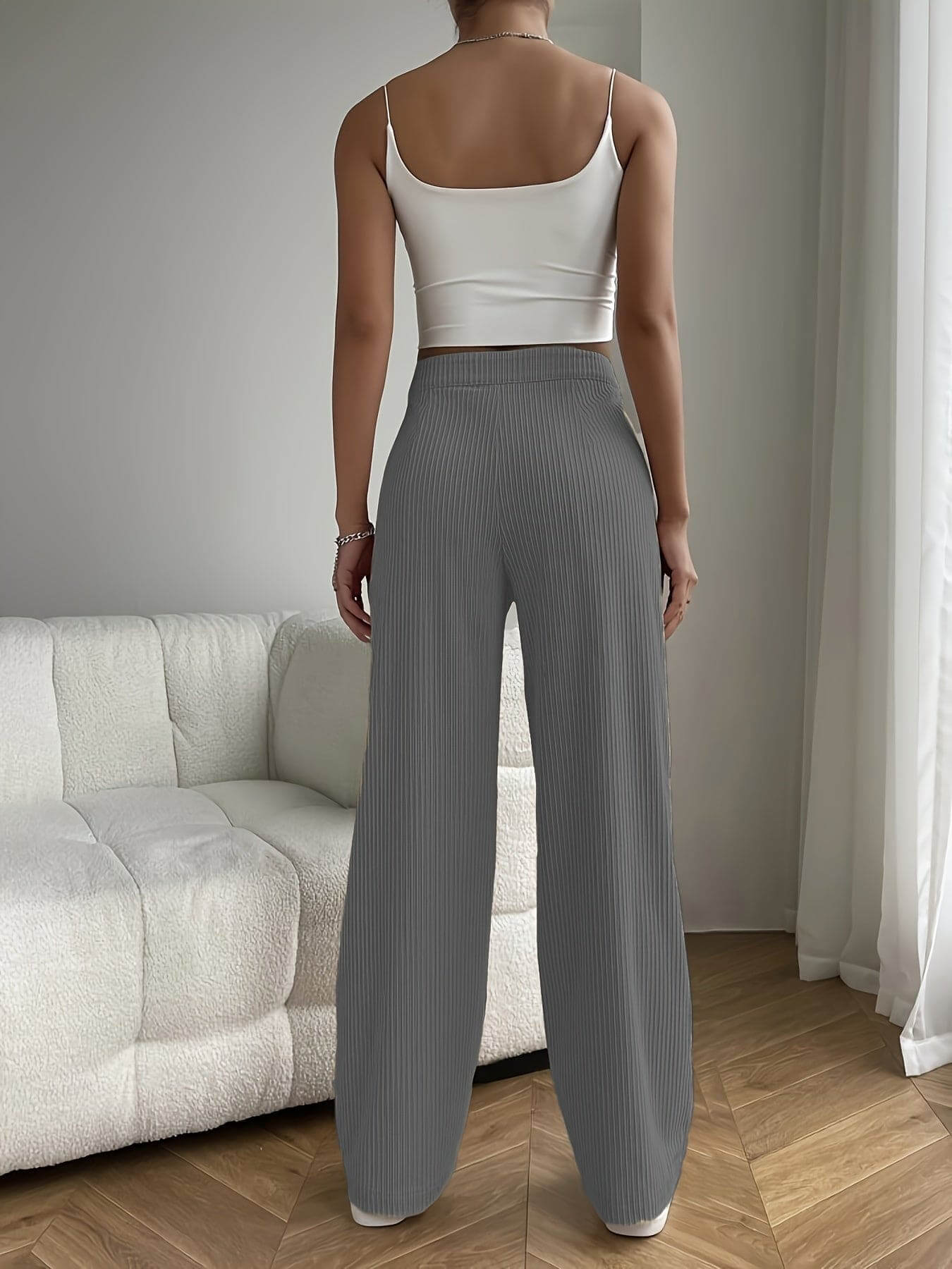 Women’s Wide Leg Trousers – High Waist – Ribbed Texture – Lightweight Breathable Fit