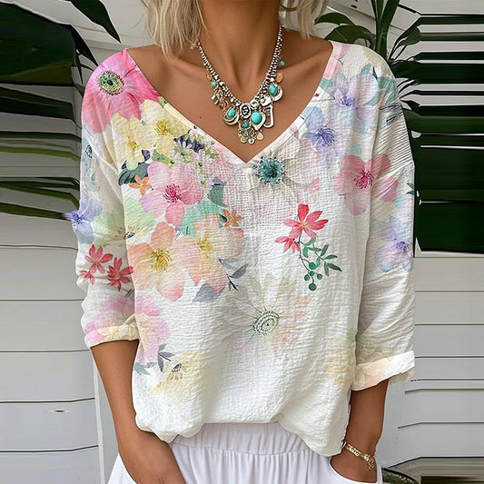 Women’s V-Neck T-Shirt – Relaxed Fit – Cotton Blend – Floral Print – Long Sleeve