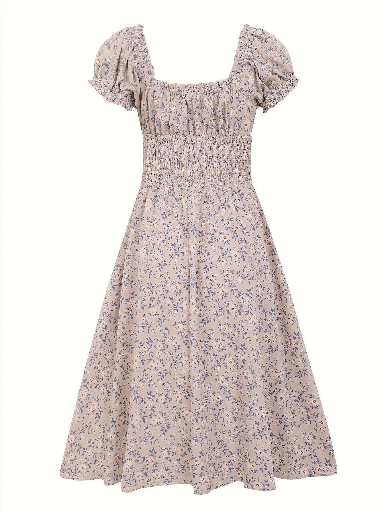Women's Midi Dress - Smocked Bodice - Puff Sleeve - Sweetheart Neckline - A-Line Fit