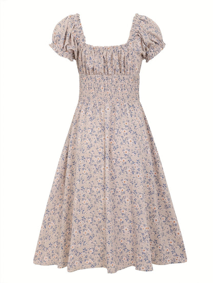 Women's Midi Dress - Smocked Bodice - Puff Sleeve - Sweetheart Neckline - A-Line Fit