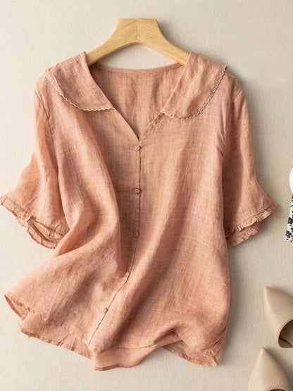 Women’s Short Sleeve Shirt – Cotton Linen – Loose Fit – Retro Scalloped Collar