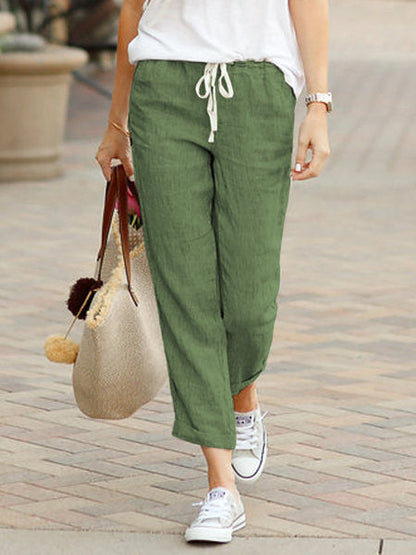 Women’s Trousers – Linen – Relaxed Fit – Drawstring Waist – Full Length Casual Wear