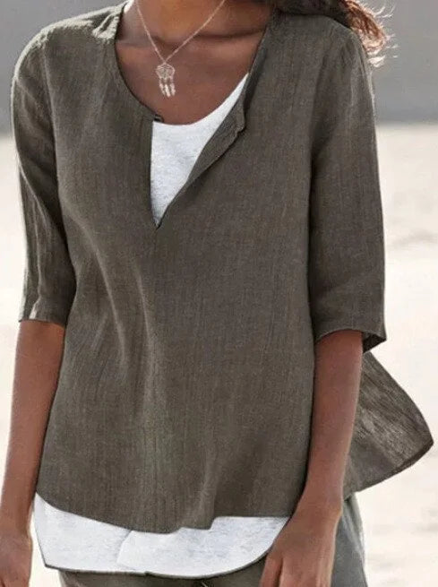 Women’s Blouse – Relaxed Fit – V-Neck – Mid Sleeve – Breathable Blend – Layered Look