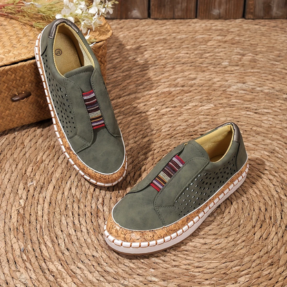 Women’s Slip-On Shoes – Breathable Perforated Upper – Orthotic Support – Cork Sole