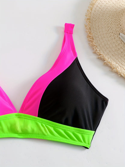 Women’s Bikini Set – V-Neck Top – High-Waisted – Ruched Straps – Supportive Fit