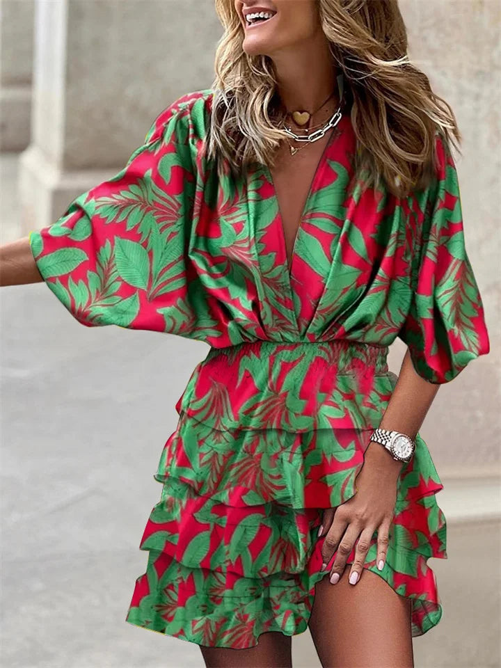 Women's Floral Dress - Short Flowy Design - Deep V-Neck - Ruffled Skirt - Relaxed Fit
