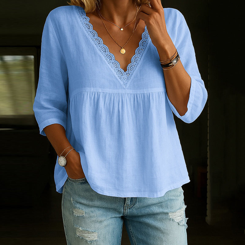 Women’s V-Neck T-Shirt – Relaxed Fit – Lace Trim – 3/4 Sleeve