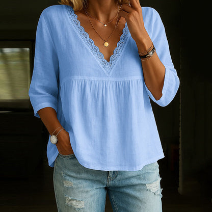 Women’s V-Neck T-Shirt – Relaxed Fit – Lace Trim – 3/4 Sleeve