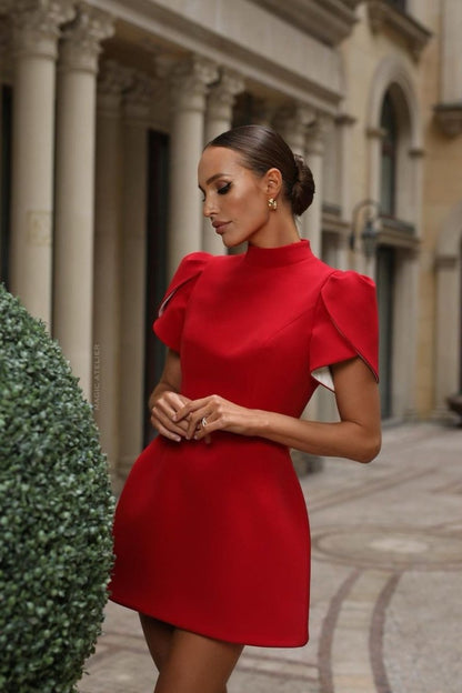 Women’s Mini Dress – Tailored Fit – Puff Sleeves – Open Back with Bow – Formal Wear