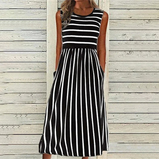 Women’s Tank Midi Dress – Relaxed Fit – Striped Pattern – Natural Fibers – Side Pockets