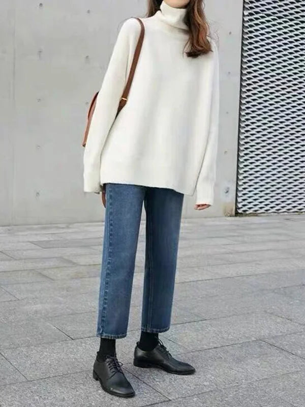 Women’s Turtleneck Sweater – Wool Blend – Relaxed Fit – Ribbed Hem – Hip Length