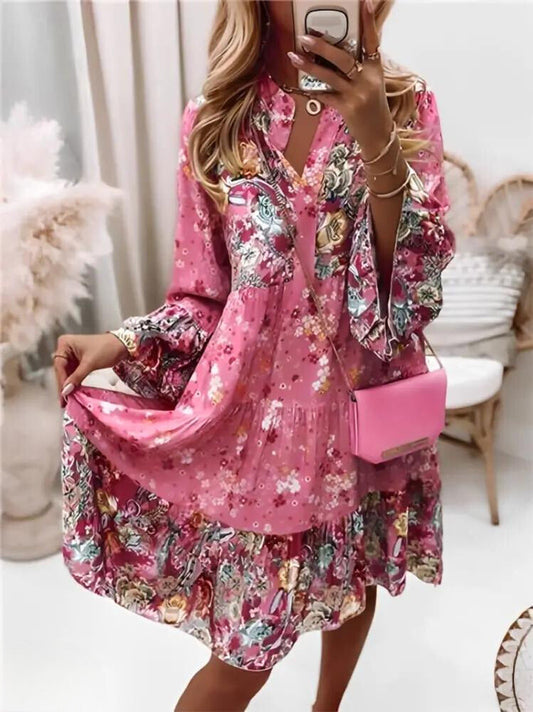 Women’s Dress – A-Line Silhouette – V-Neck – Long Sleeve – Tiered Floral Cotton