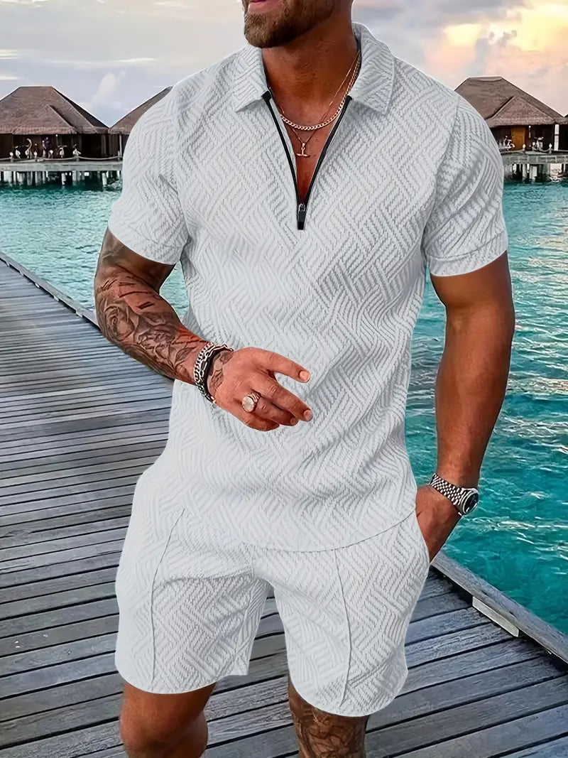 Men’s Polo Shirt and Shorts Set – Slim Fit – Breathable Blend – Zip Placket – Casual Wear