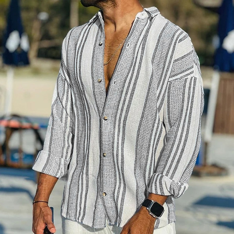 Men’s Casual Shirt – Relaxed Fit – Vertical Stripes – Button-Up – Natural Fibers