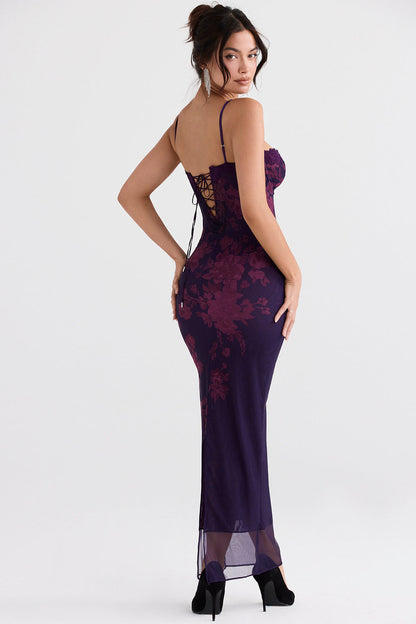 Women’s Maxi Dress – Bodycon Fit – Spaghetti Straps – Lace-Up Back – Floral Print