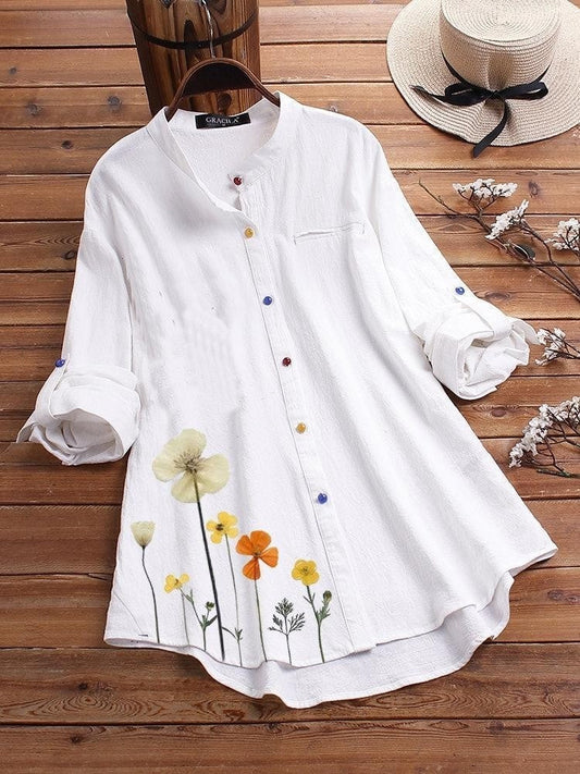 Women’s Long Sleeve Shirt – Relaxed Fit – Stand Collar – Floral Print – Cotton Blend