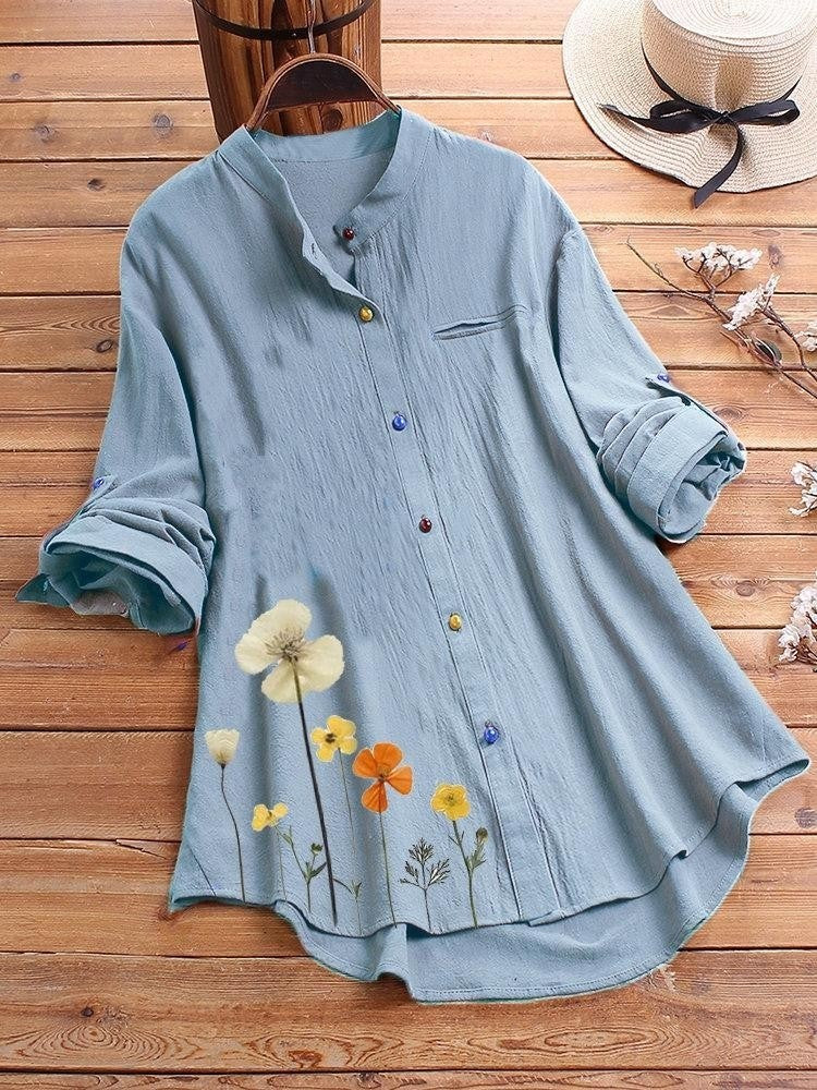 Women’s Long Sleeve Shirt – Relaxed Fit – Stand Collar – Floral Print – Cotton Blend