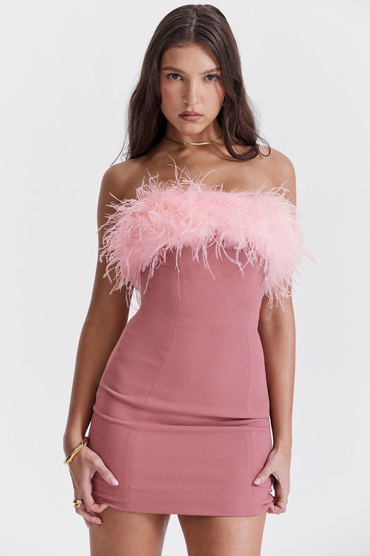 Women’s Mini Dress – Bodycon Fit – Strapless Fur Trim – Evening Party Wear