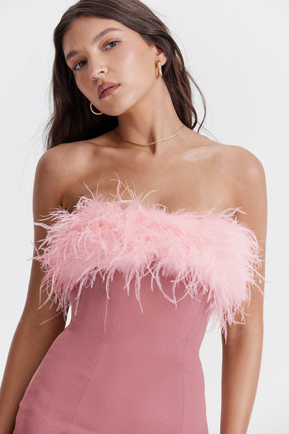 Women’s Mini Dress – Bodycon Fit – Strapless Fur Trim – Evening Party Wear