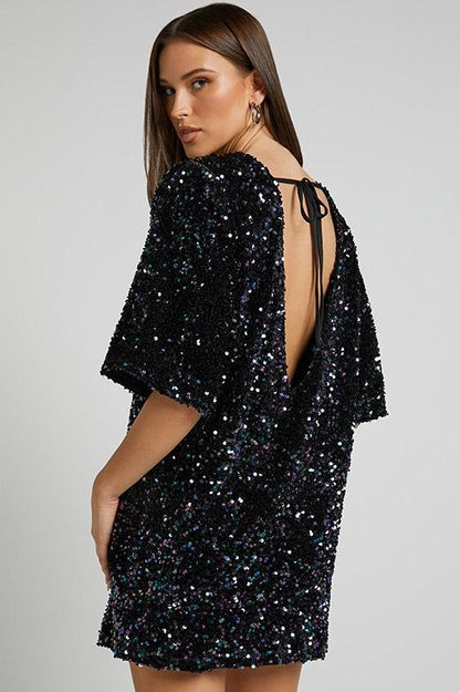 Women’s Mini Dress – Sequin Embellished – Relaxed Fit – Backless – Short Sleeve