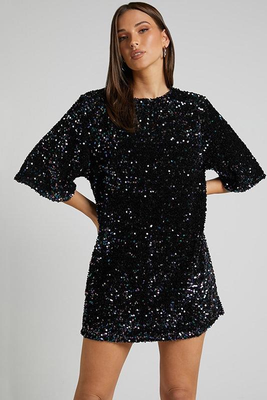 Women’s Mini Dress – Sequin Embellished – Relaxed Fit – Backless – Short Sleeve