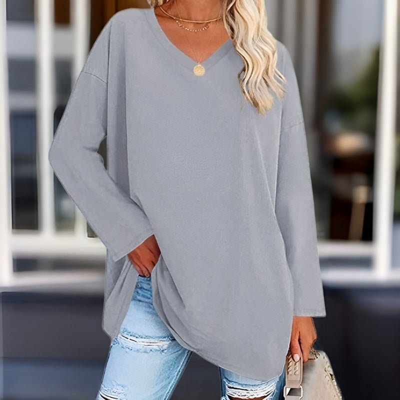 Women’s Long Sleeve Shirt – Oversized Fit – V-Neck – Soft Breathable Fabric