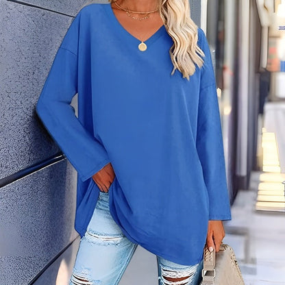 Women’s Long Sleeve Shirt – Oversized Fit – V-Neck – Soft Breathable Fabric