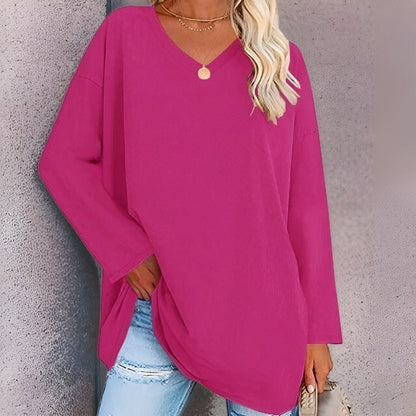 Women’s Long Sleeve Shirt – Oversized Fit – V-Neck – Soft Breathable Fabric