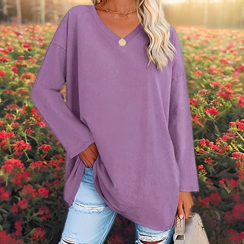 Women’s Long Sleeve Shirt – Oversized Fit – V-Neck – Soft Breathable Fabric