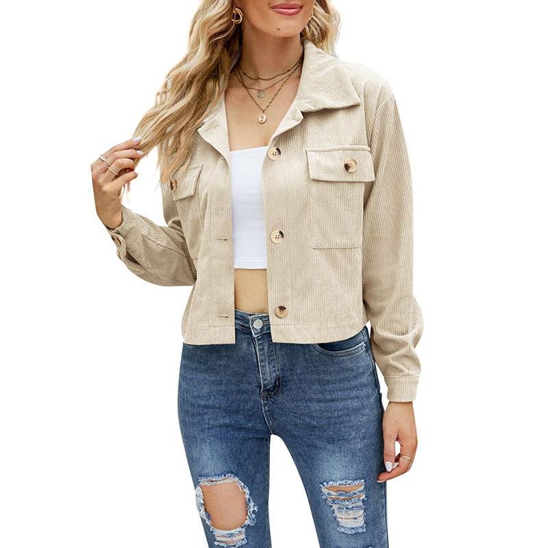 Women’s Corduroy Jacket - Cropped Relaxed Fit - Button-Up - Chest Flap Pockets