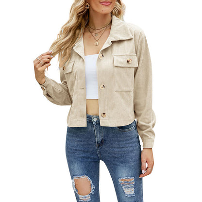 Women’s Corduroy Jacket - Cropped Relaxed Fit - Button-Up - Chest Flap Pockets