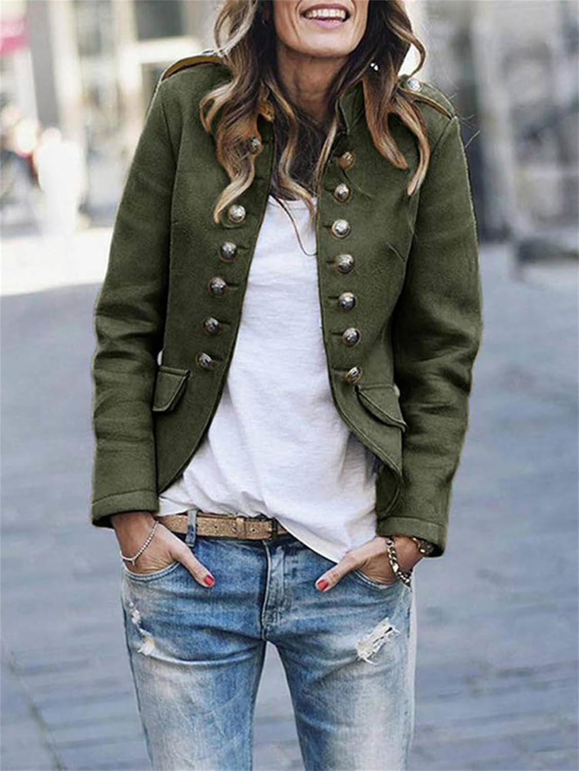 Women’s Jacket – Military Style – Structured Fit – Metal Buttons – Hip Length Layer