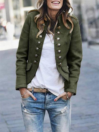 Women’s Jacket – Military Style – Structured Fit – Metal Buttons – Hip Length Layer
