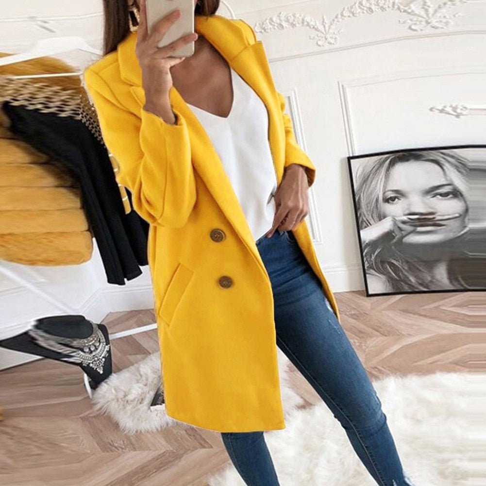 Women’s Blazer Coat – Tailored Fit – Wool Blend – Double-Breasted – Knee Length