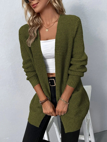 Women’s Long Cardigan – Relaxed Fit – Soft Knit – Open Front – Ribbed Trim – Pockets