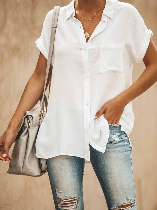 Women’s Collared Top – Relaxed Fit – Short Sleeve – Button Front – Breathable Blend