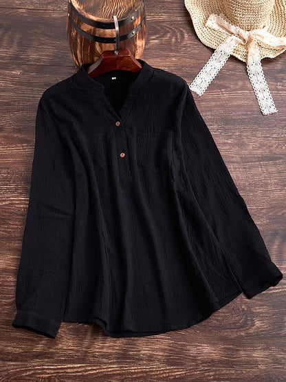 Women’s Blouse – Relaxed Fit – Long Sleeve – Cotton Texture – Band Collar – Pockets