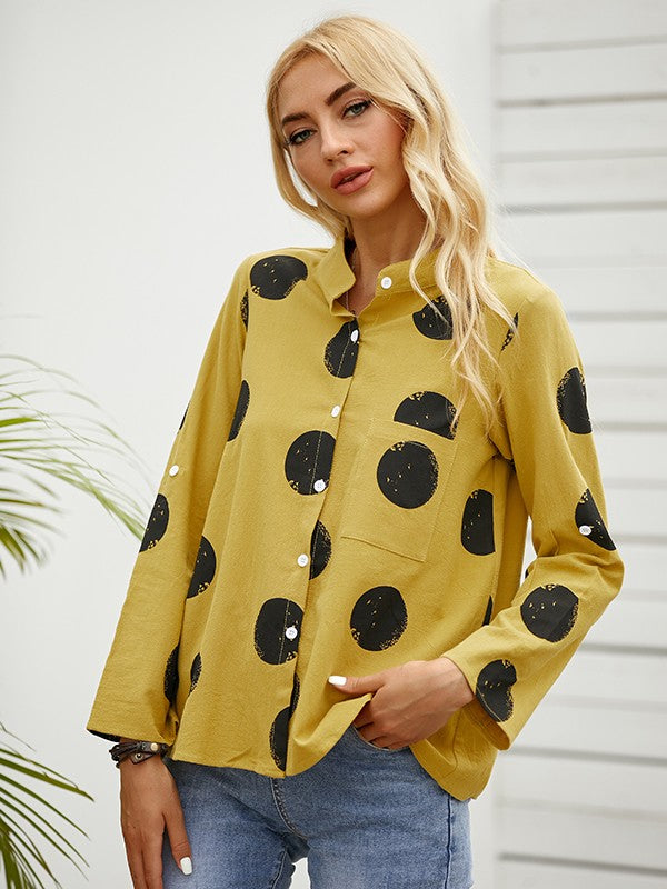 Women’s Blouse – Relaxed Fit – Polka Dot – Soft Stand Collar – Button Front – Long Sleeve