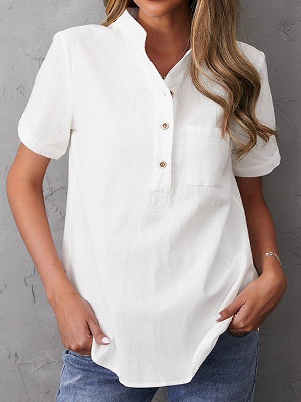 Women’s Blouse – Relaxed Fit – Short Sleeve – Stand Collar – Natural Fibers – Casual Style