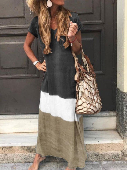 Women’s Maxi Dress – Relaxed Fit – V-Neck – Short Sleeve – Breathable Blend – Striped Patchwork