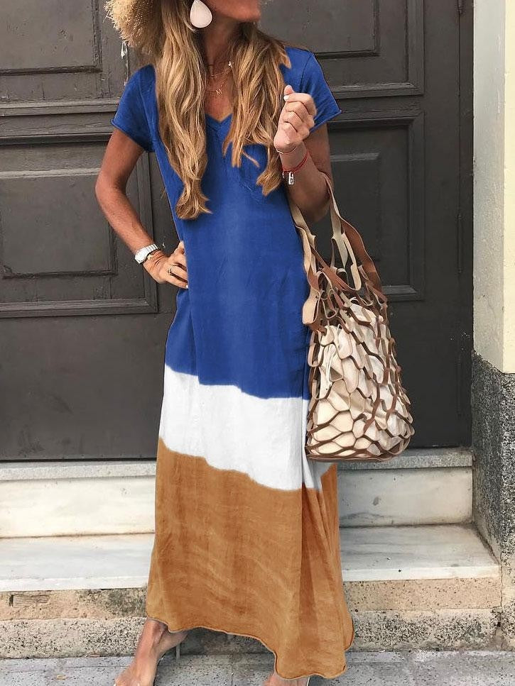 Women’s Maxi Dress – Relaxed Fit – V-Neck – Short Sleeve – Breathable Blend – Striped Patchwork