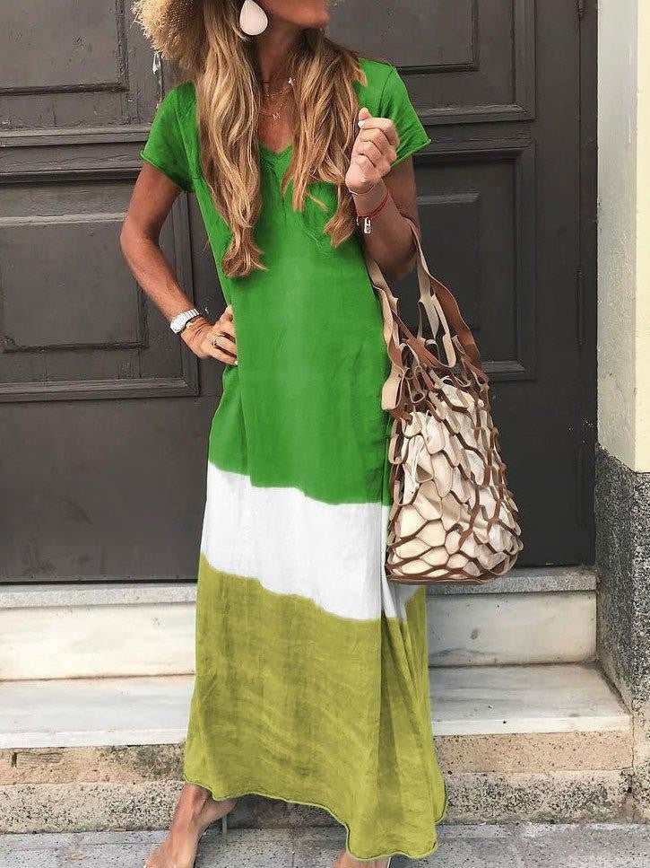 Women’s Maxi Dress – Relaxed Fit – V-Neck – Short Sleeve – Breathable Blend – Striped Patchwork