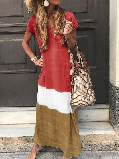 Women’s Maxi Dress – Relaxed Fit – V-Neck – Short Sleeve – Breathable Blend – Striped Patchwork