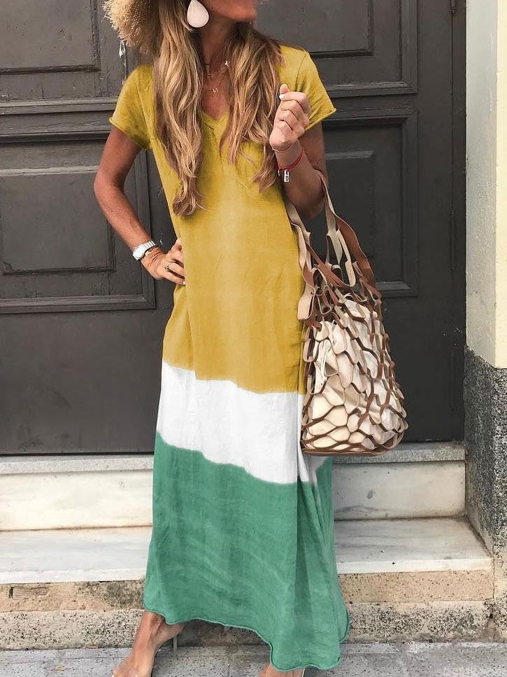 Women’s Maxi Dress – Relaxed Fit – V-Neck – Short Sleeve – Breathable Blend – Striped Patchwork