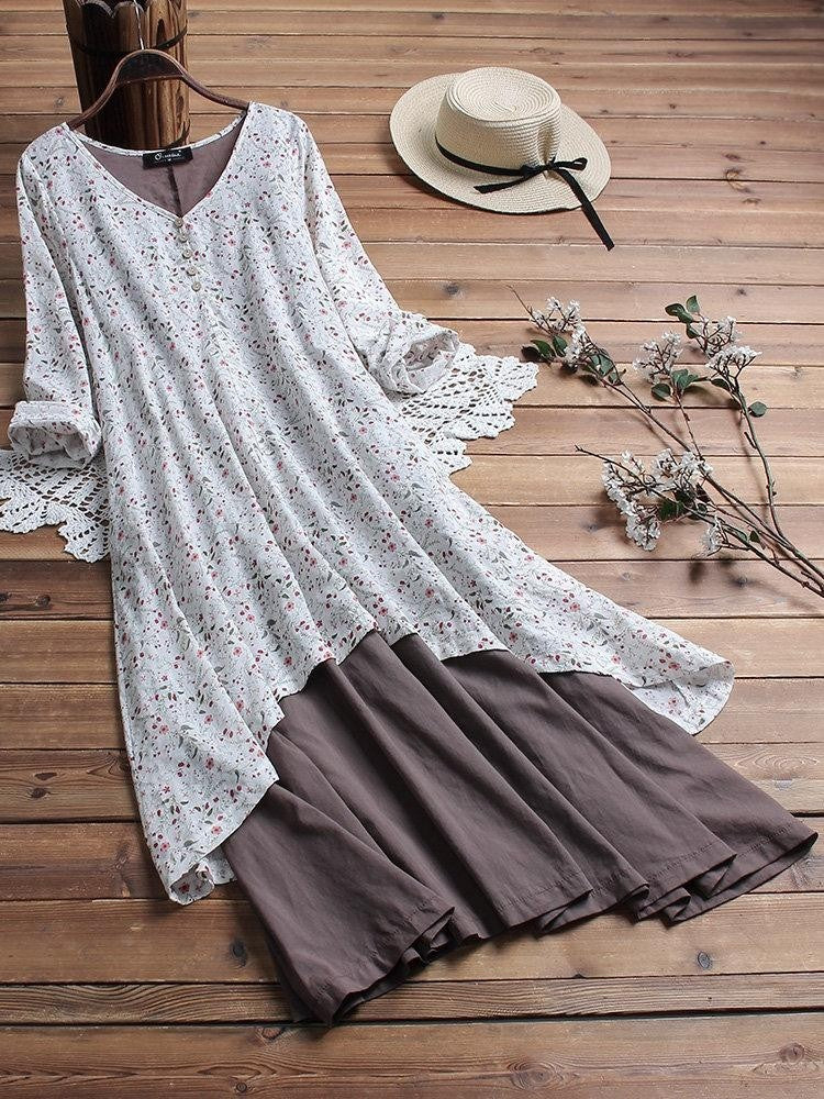 Women's Maxi Dress - Woven - Relaxed Fit - V-Neck - Lace Cuff Detail