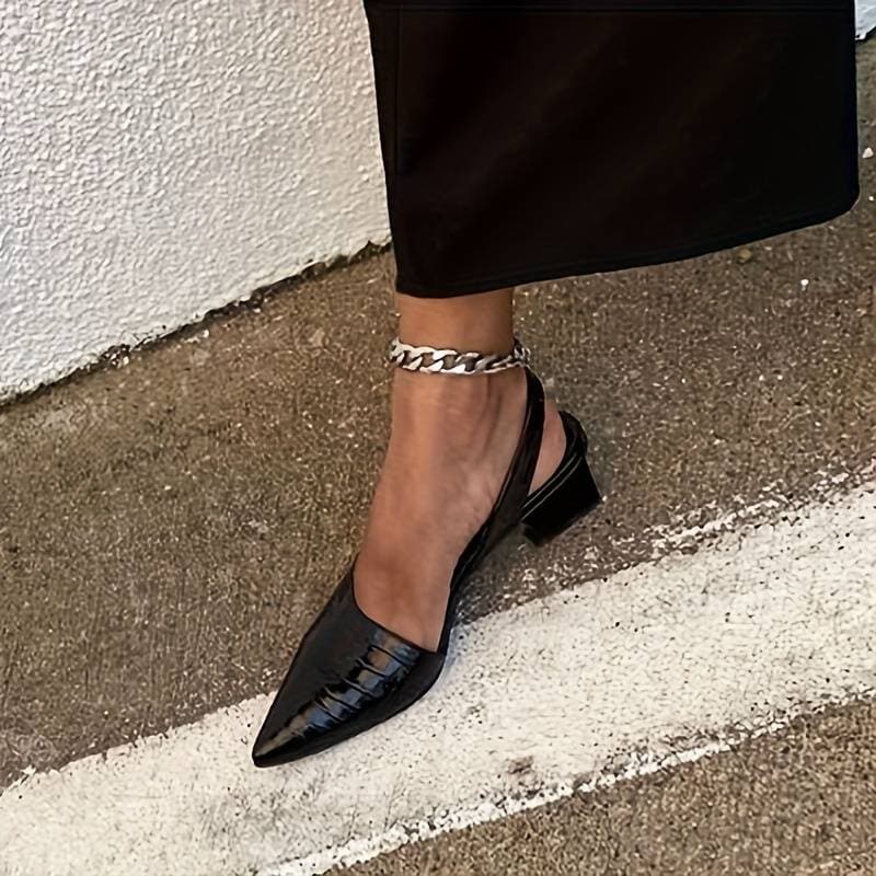 Women’s Slingback Heels – Pointed Toe – Crocodile Embossed – Mid Block Heel – Elegant Fit